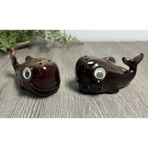 VTG Ceramic Whale Salt & Pepper Shakers Googly Eyes Stoppers Anthropomorphic